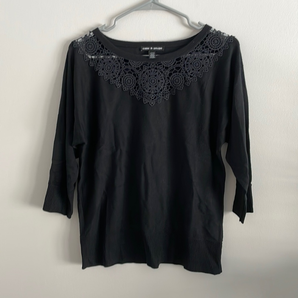Cable and Gauge black sweater with crocheted neck detail. Size S